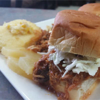 Pulled Pork or Chicken Sandwiches with Corn Pudding, Baked Beans and Pineapple Upsidedown Cupcakes